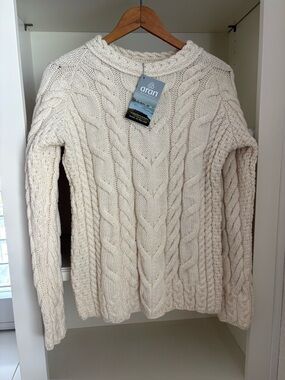 Aran Woollen Mills - Irish Multi Cabled Raglan Super Soft Merino Wool Sweater S